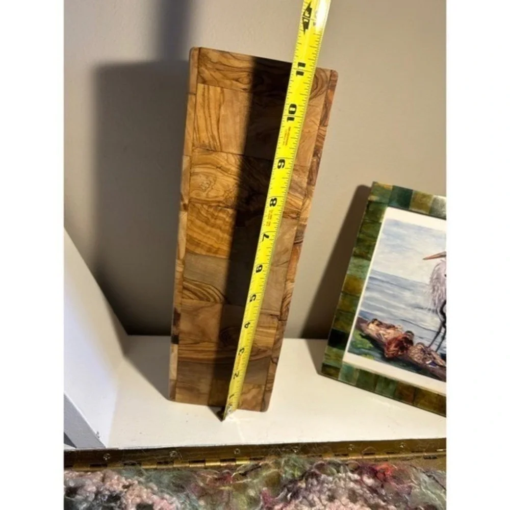 Olive Wood Patchwork Rectangular Vase Decorative‎ Mosaic Wood Holder 10.5 Inch